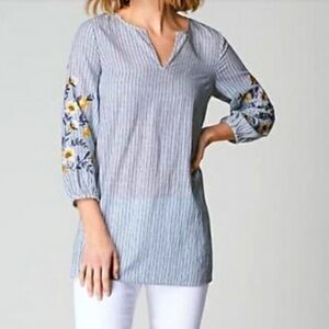 J.Jill Blue White Striped Embroidered Long Sleeve Cotton Tunic Medium